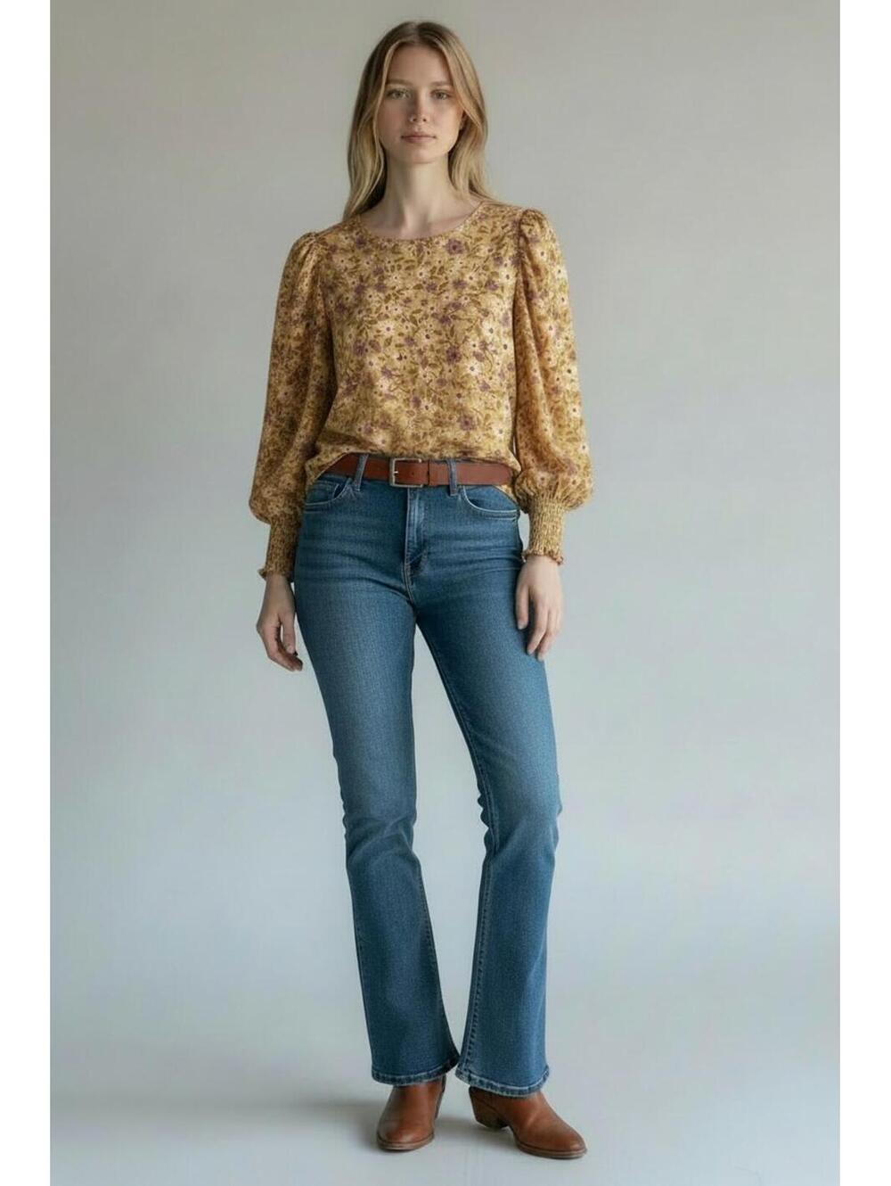 Pleione Anthropologie Yellow Floral Long Sleeve Blouse w/Shirred Cuffs, Size M